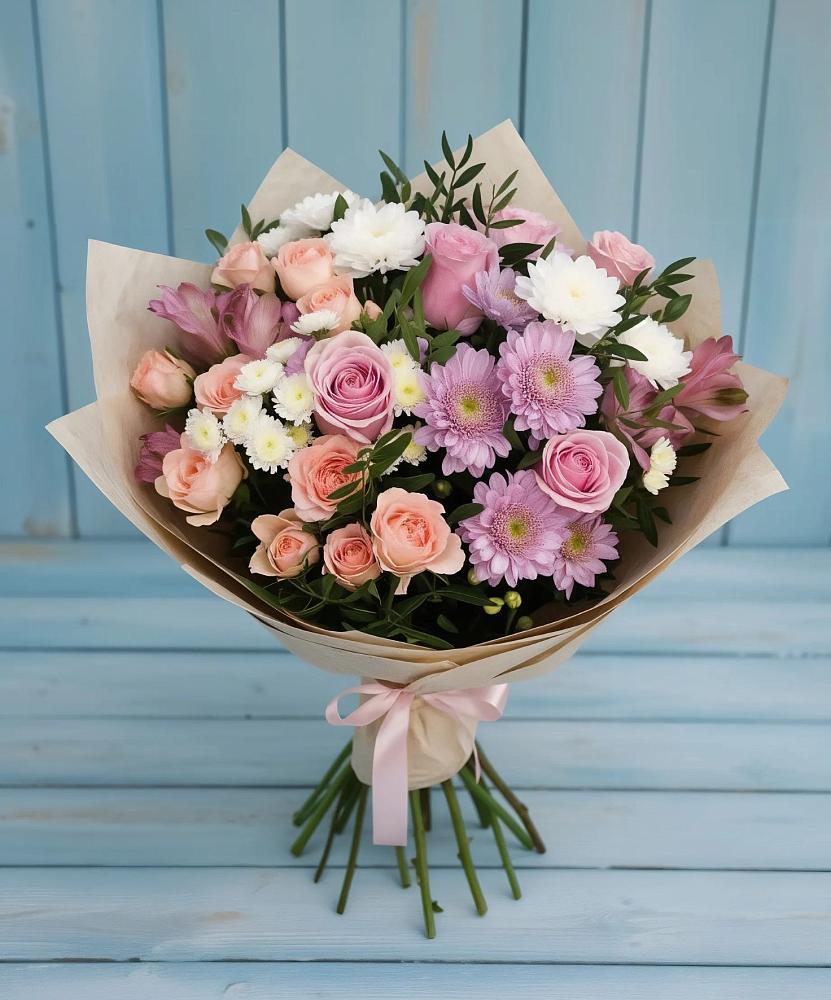 Букет цветов из: Хризантемы, Розы и Альстромерии в Палане